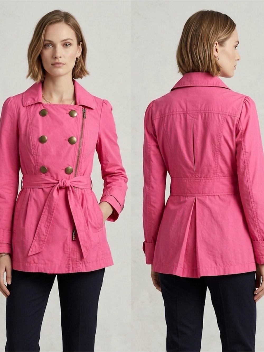 Tulle Bright Pink Double-Breasted Zip Front Tie-Waist Trench Jacket  -Sz Small
